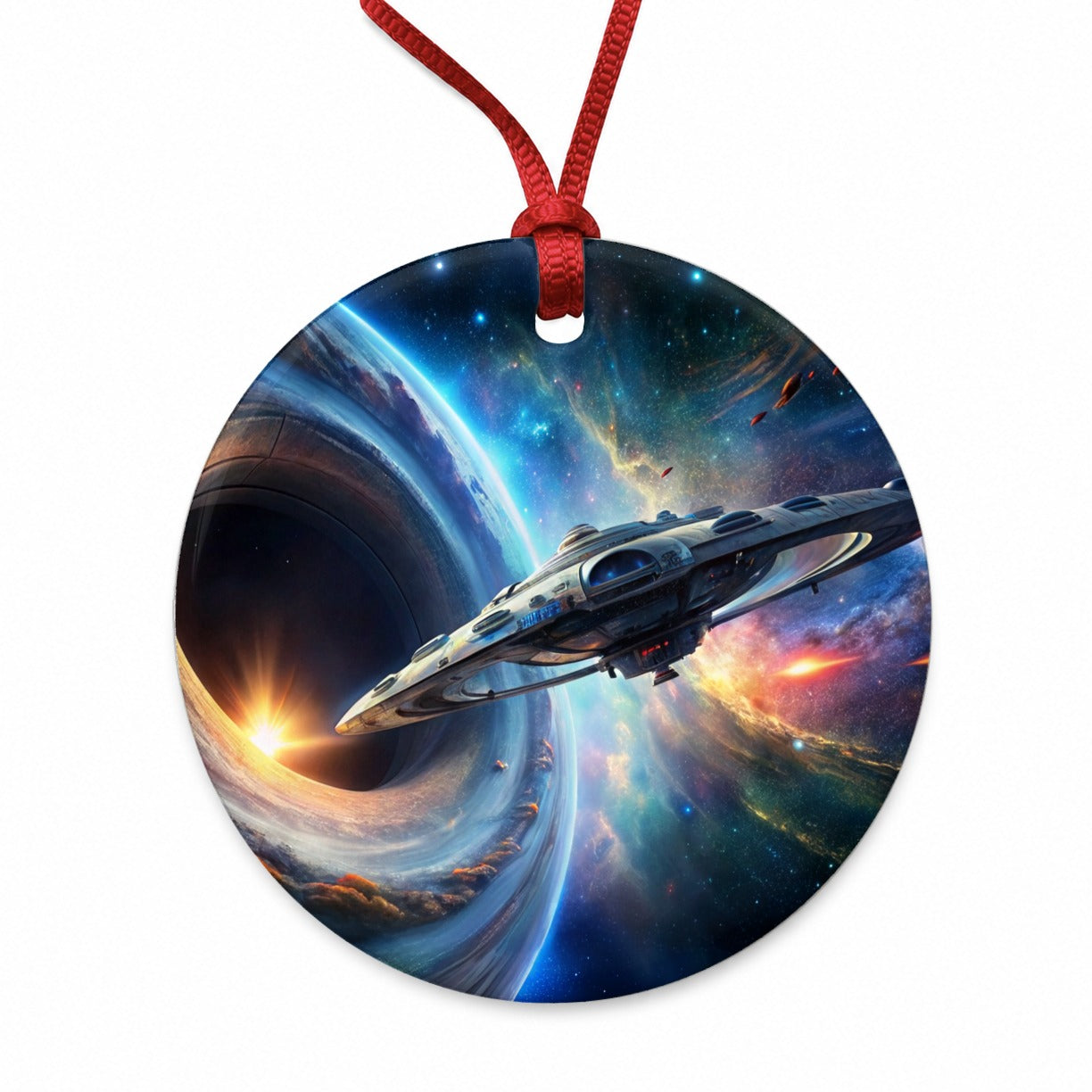 Starship Spaceship Coming Out Of Space Wormhole Round Ceramic Holiday Christmas Tree Ornament
