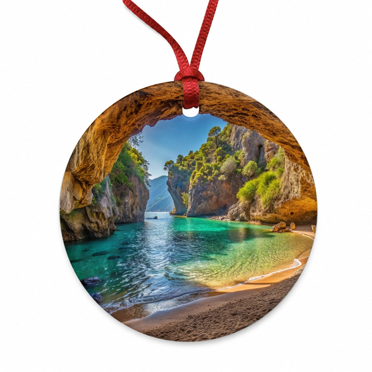 Tropical Beach In A Hidden Grotto Round Ceramic Holiday Christmas Tree Ornament