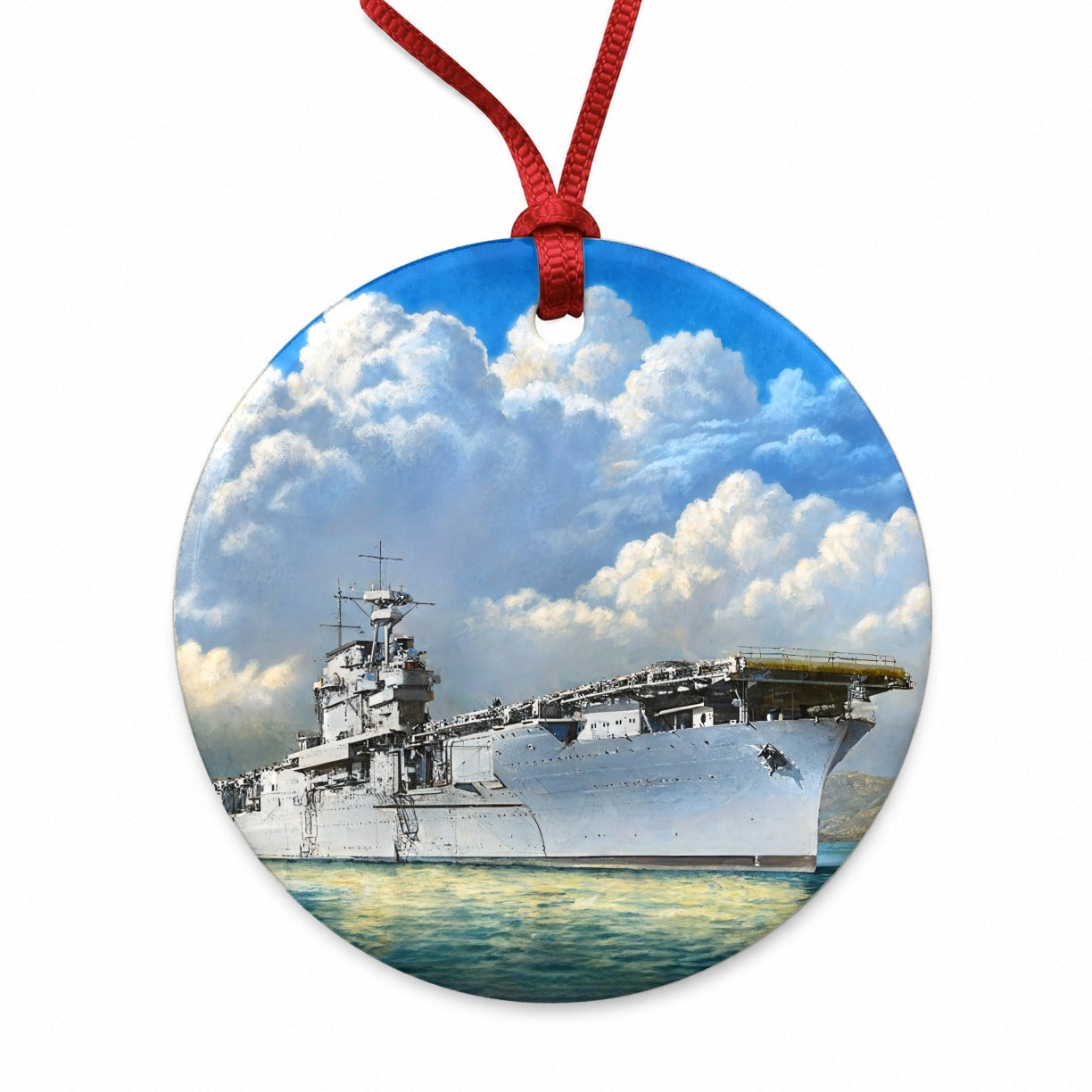 USS Yorktown Class Aircraft Carrier WWII US Navy Round Ceramic Holiday Christmas Tree Ornament