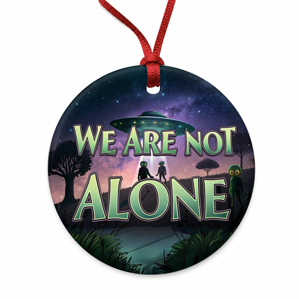We Are Not Alone UFO Aliens Round Ceramic Holiday Christmas Tree Ornament