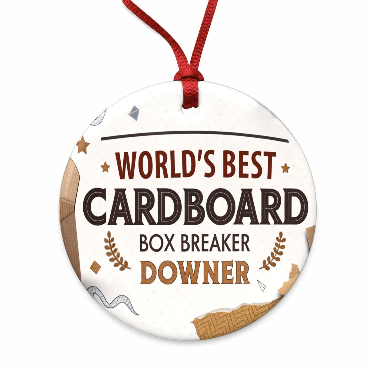 World's Best Cardboard Box Breaker Downer Funny Round Ceramic Holiday Christmas Tree Ornament