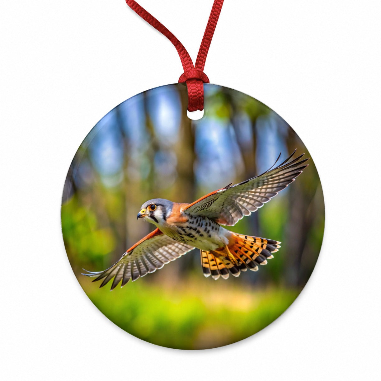 American Kestrel Raptor in Flight Round Ceramic Holiday Christmas Tree Ornament