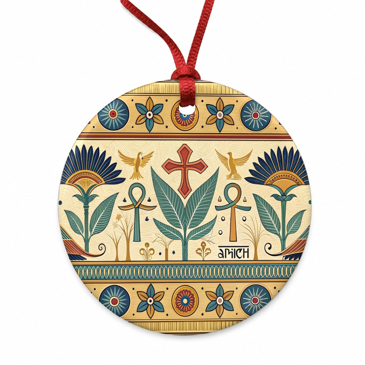 Ancient Egyptian Pattern Ankh Round Ceramic Holiday Christmas Tree Ornament