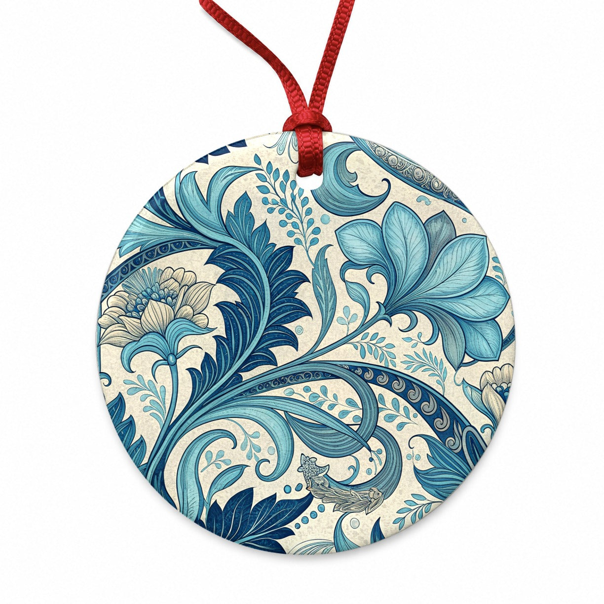 Art Nouveau Blue Leaf Flowers Round Ceramic Holiday Christmas Tree Ornament