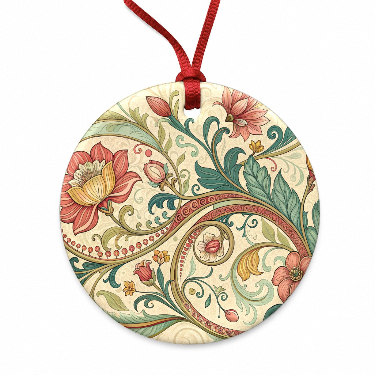 Art Nouveau Flower Leaf Pattern Round Ceramic Holiday Christmas Tree Ornament