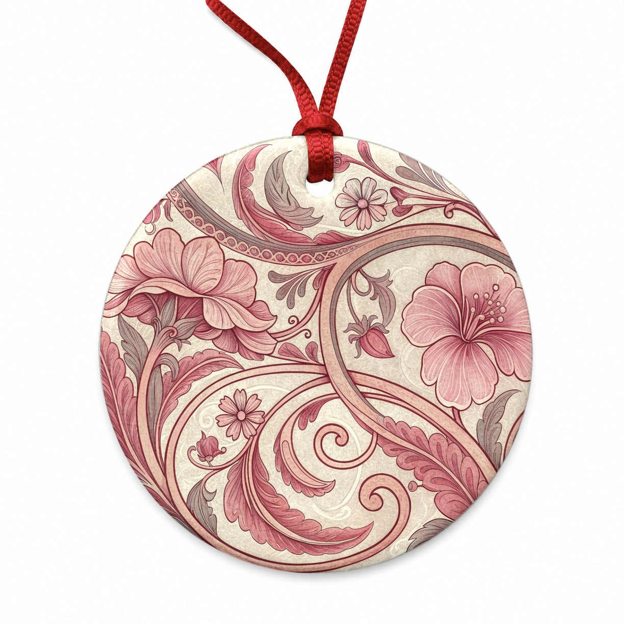 Art Nouveau Pattern Pink Leaf Flowers Round Ceramic Holiday Christmas Tree Ornament
