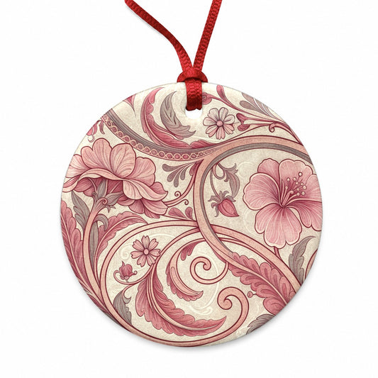 Art Nouveau Pattern Pink Leaf Flowers Round Ceramic Holiday Christmas Tree Ornament