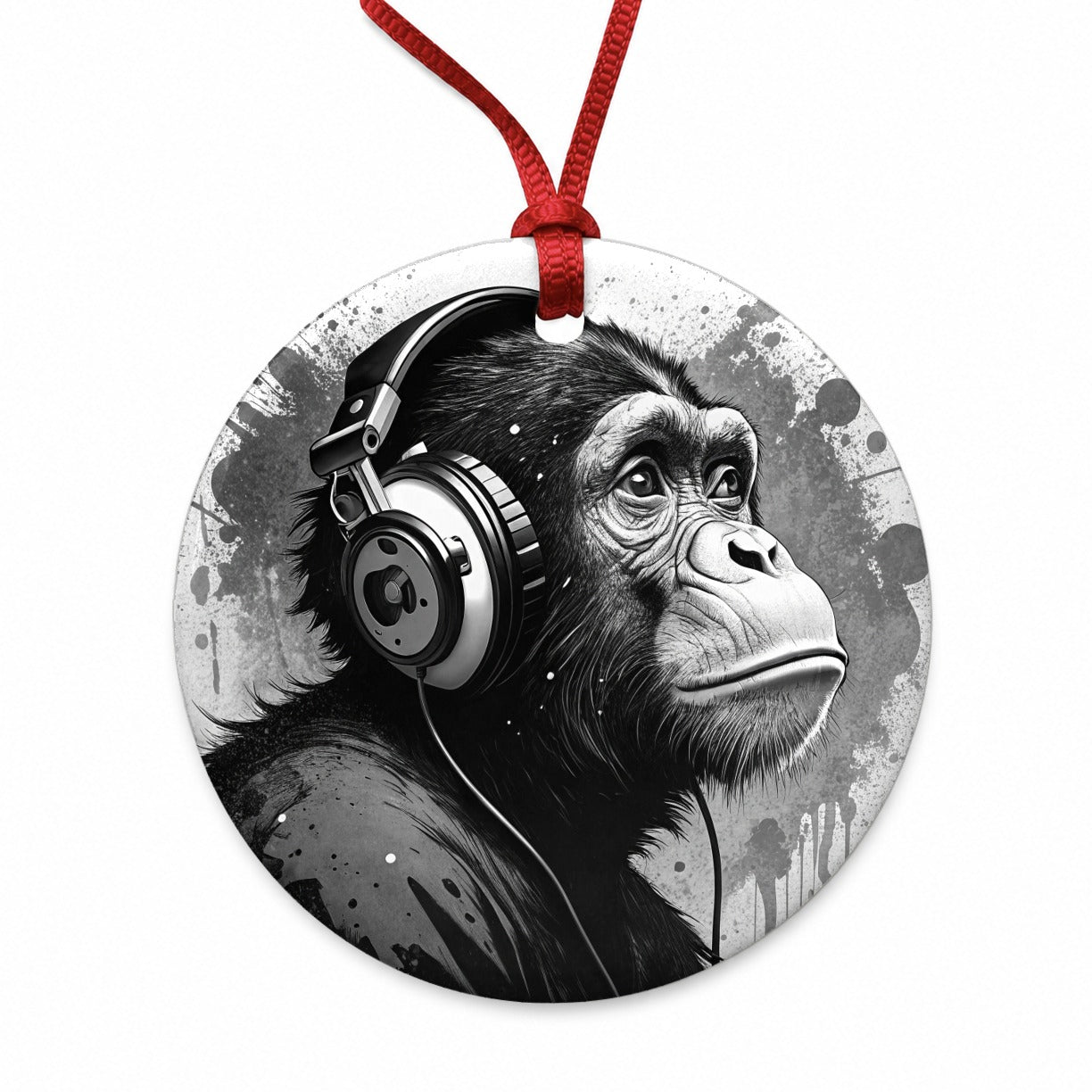 Artsy B&W Monkey with Headphones Round Ceramic Holiday Christmas Tree Ornament