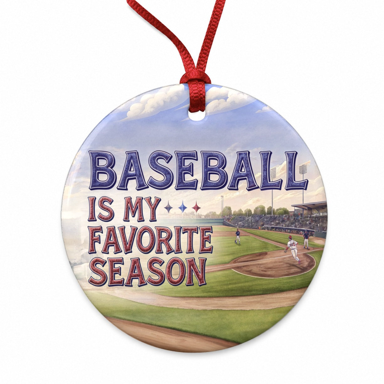 Baseball Is My Favorite Season Funny Illustration Round Ceramic Holiday Christmas Tree Ornament