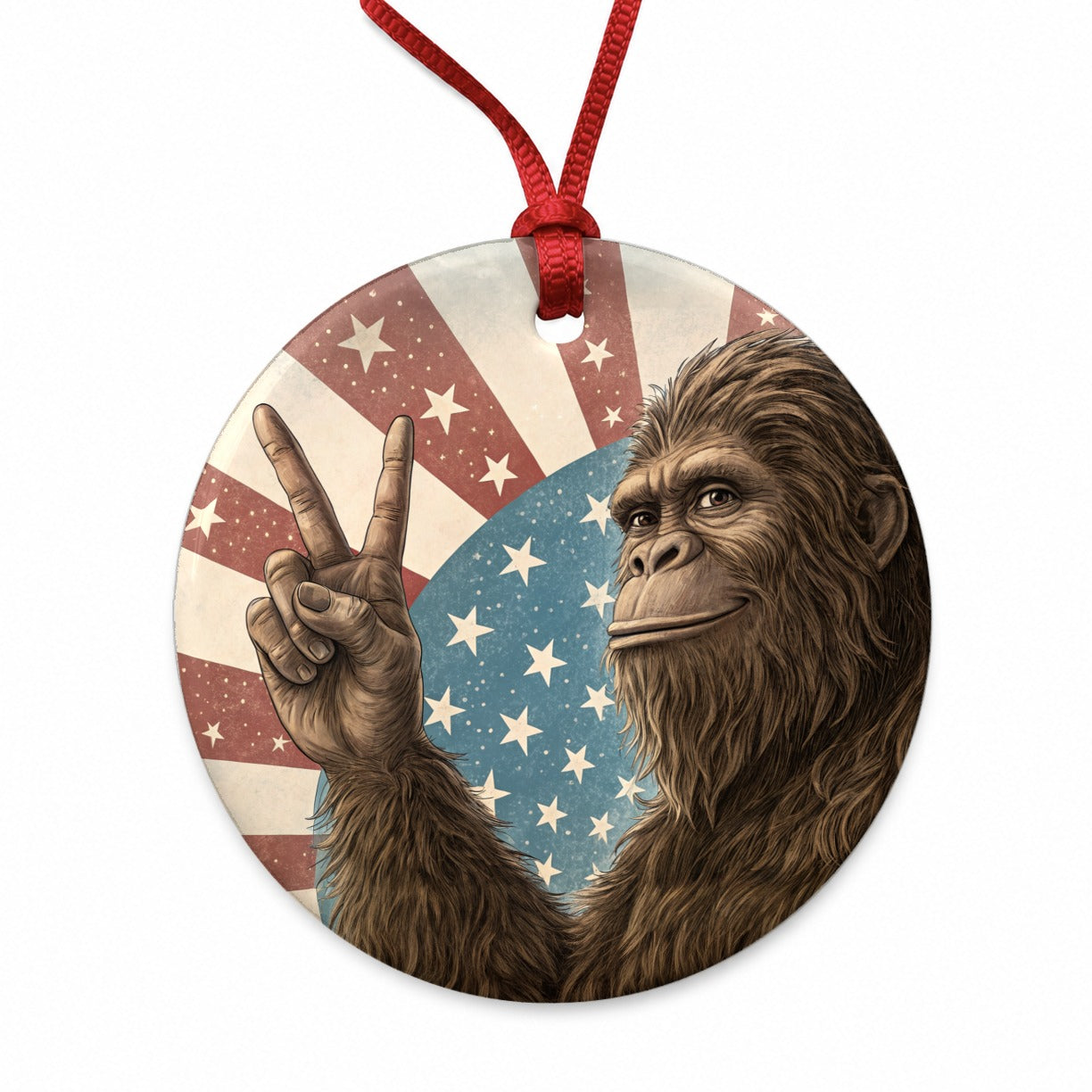Bigfoot Giving Peace Sign Rising American Flag Round Ceramic Holiday Christmas Tree Ornament