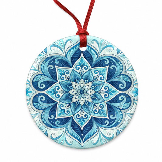 Blue Symmetrical Artistic Floral Pattern Round Ceramic Holiday Christmas Tree Ornament