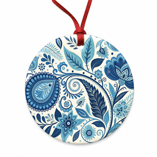 Blue Traditional Folk Art Floral Pattern Round Ceramic Holiday Christmas Tree Ornament
