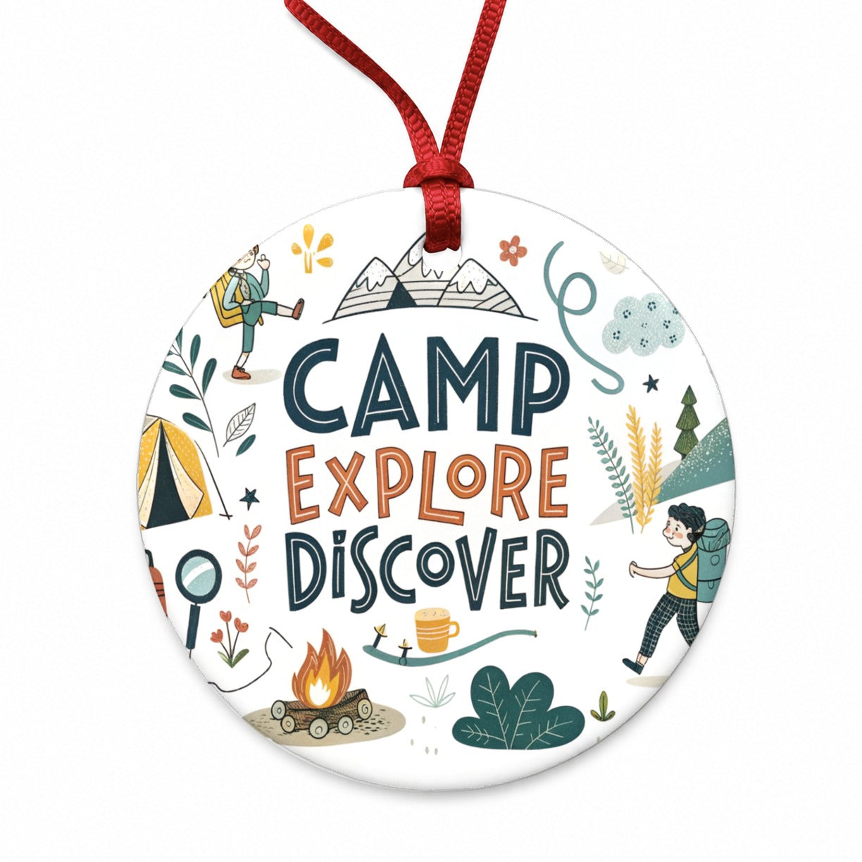 Camp Explore Discover Camping Hiking Round Ceramic Holiday Christmas Tree Ornament