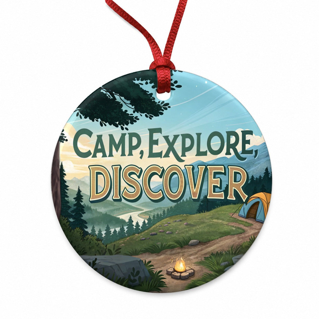 Camp Explore Discover Hiking Camping Round Ceramic Holiday Christmas Tree Ornament