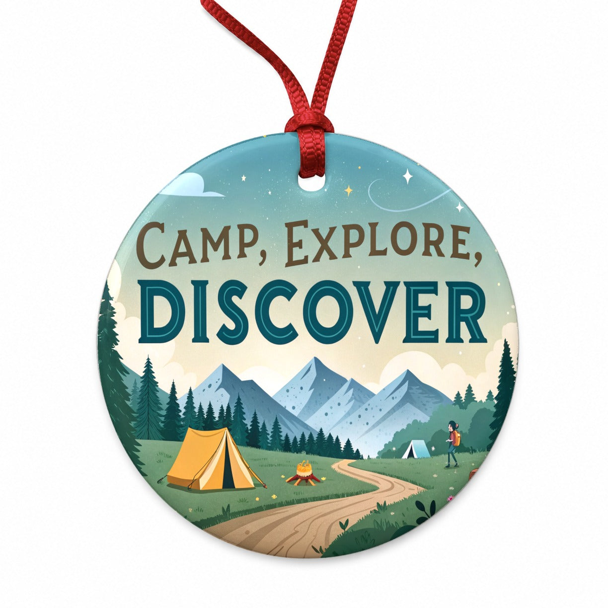Camp Explore Discover Text Camping And Hiking Round Ceramic Holiday Christmas Tree Ornament