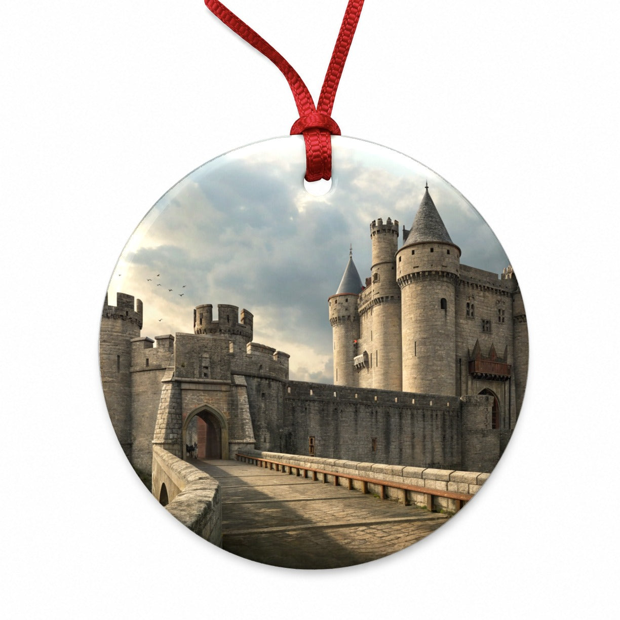 Castle Medieval Fantasy Round Ceramic Holiday Christmas Tree Ornament
