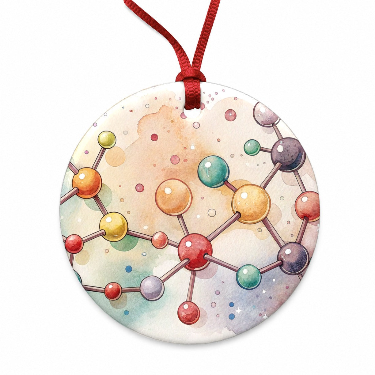 Chemistry Molecules Watercolor Round Ceramic Holiday Christmas Tree Ornament