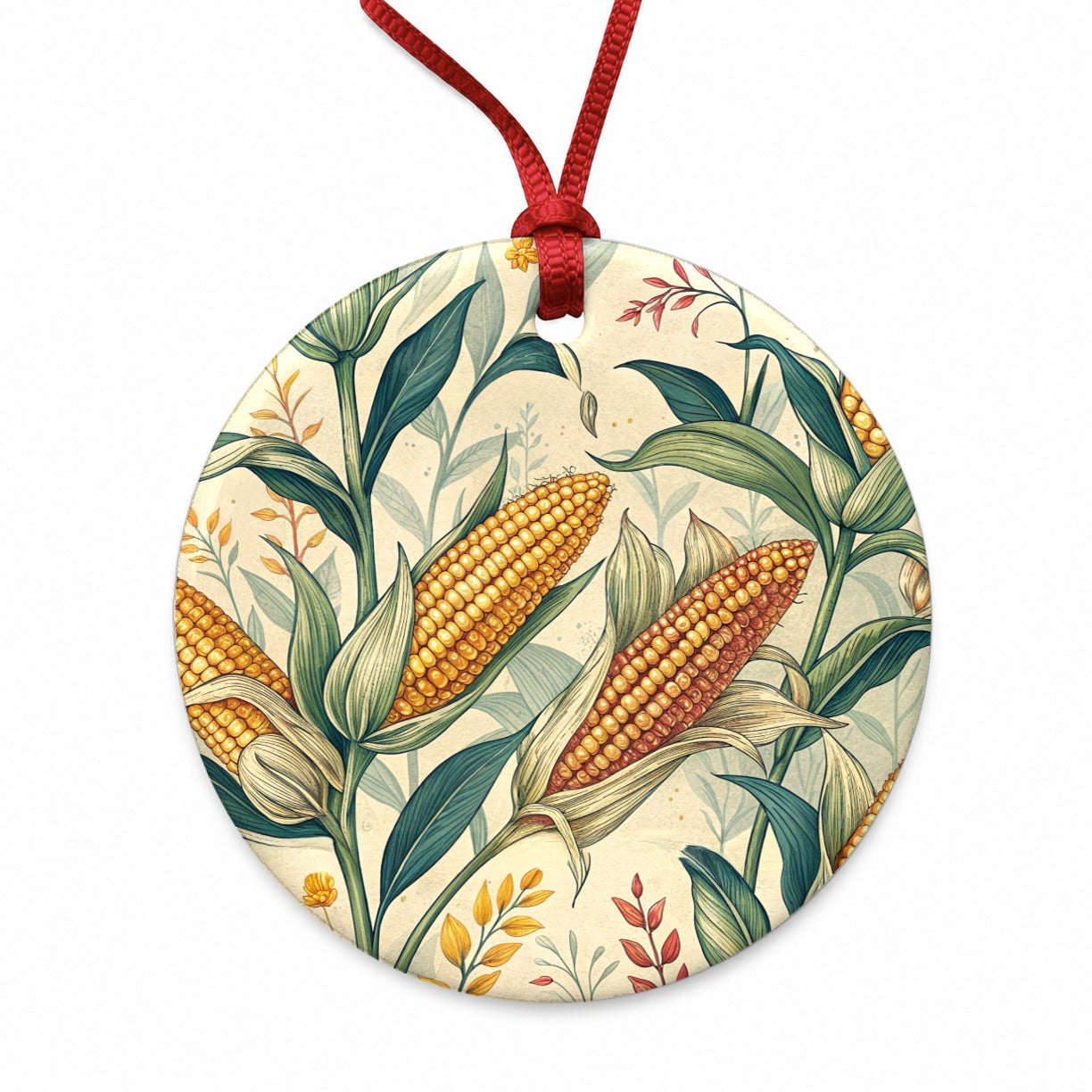 Corn on the Cob Pattern Round Ceramic Holiday Christmas Tree Ornament