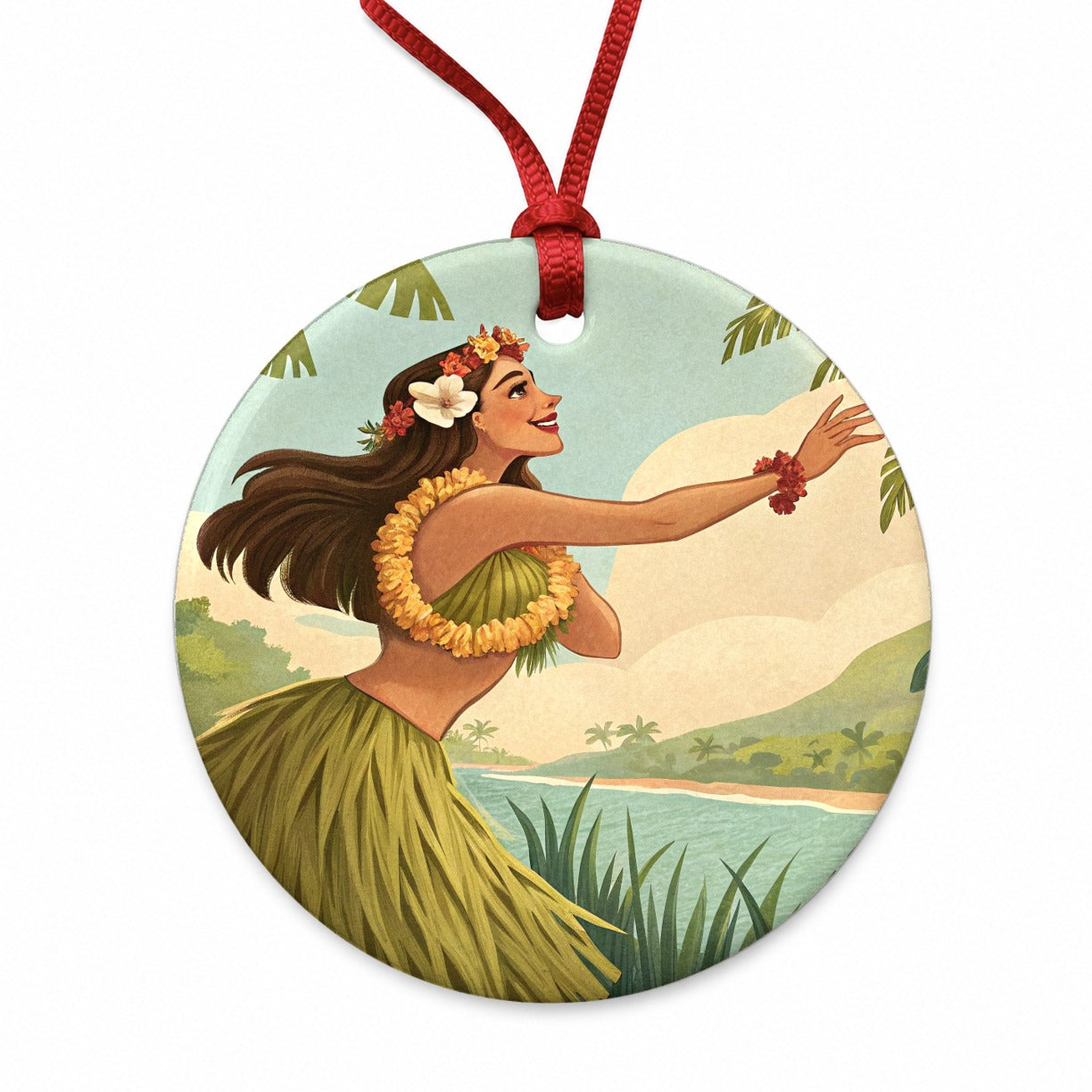 Dancing Hawaiian Hula Girl in Grass Skirt Round Ceramic Holiday Christmas Tree Ornament