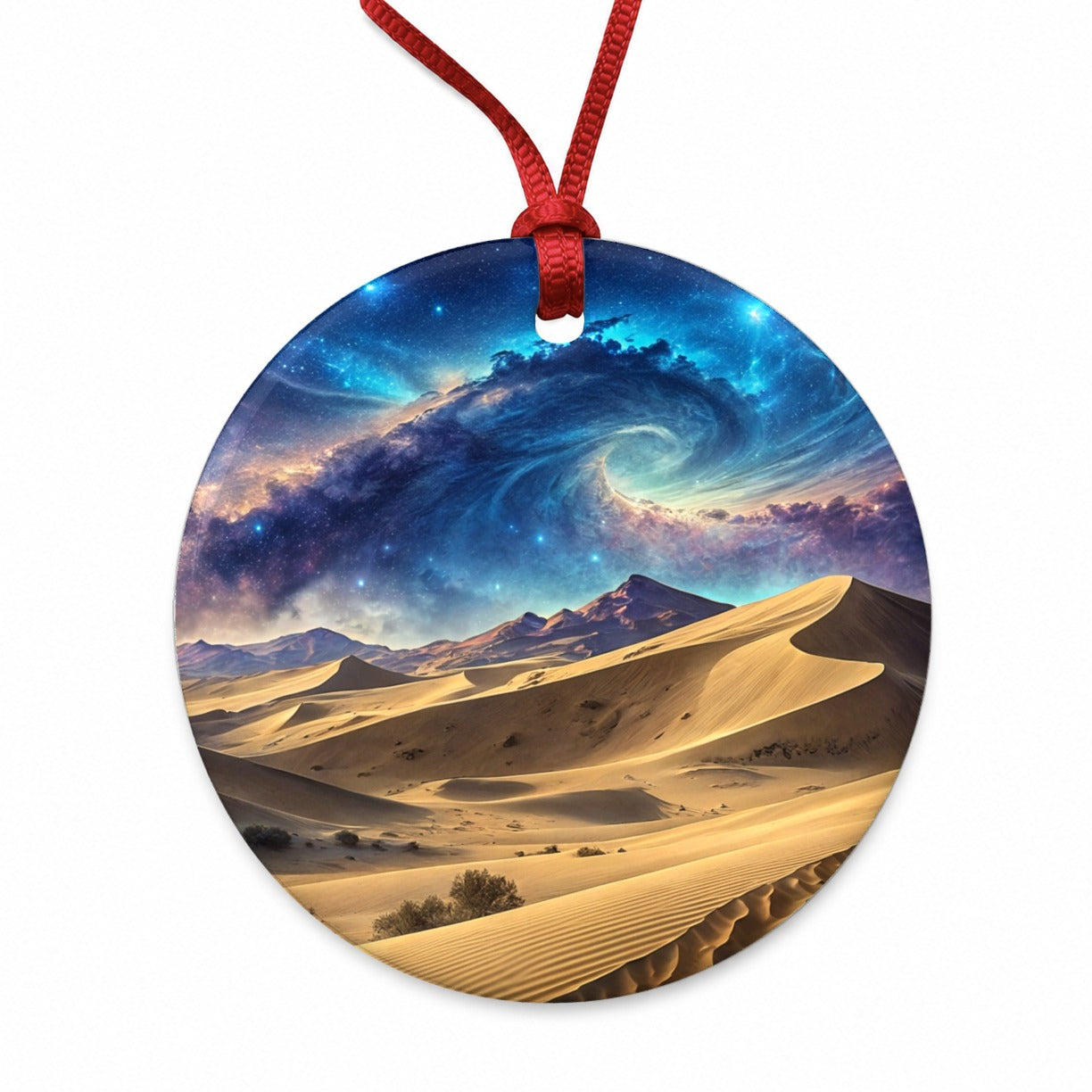 Desert Sand Dunes Under Blue Nebula Sci-Fi Round Ceramic Holiday Christmas Tree Ornament