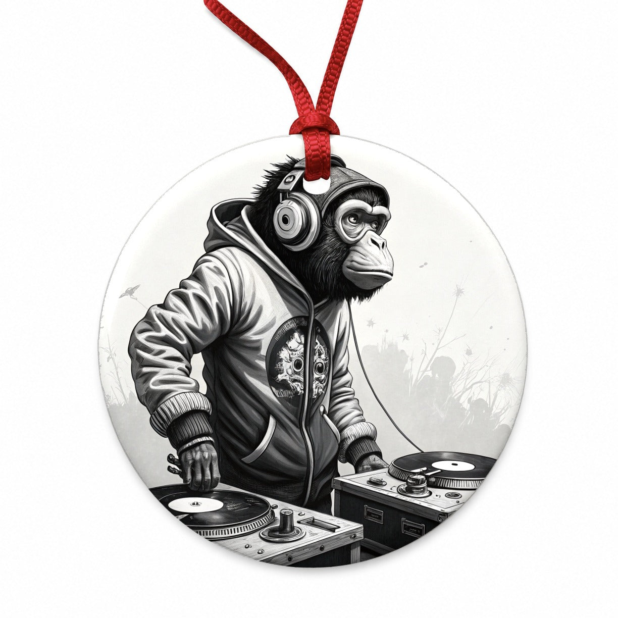 DJ Monkey with Headphones B&W Round Ceramic Holiday Christmas Tree Ornament