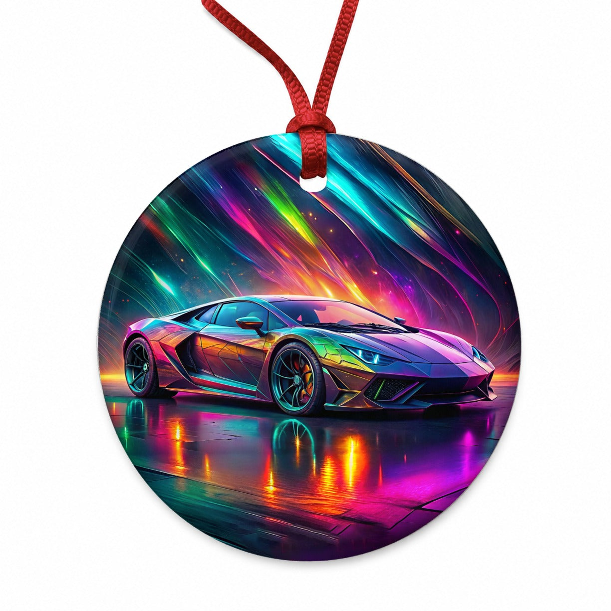 Exotic Super Car Graffiti Style Round Ceramic Holiday Christmas Tree Ornament