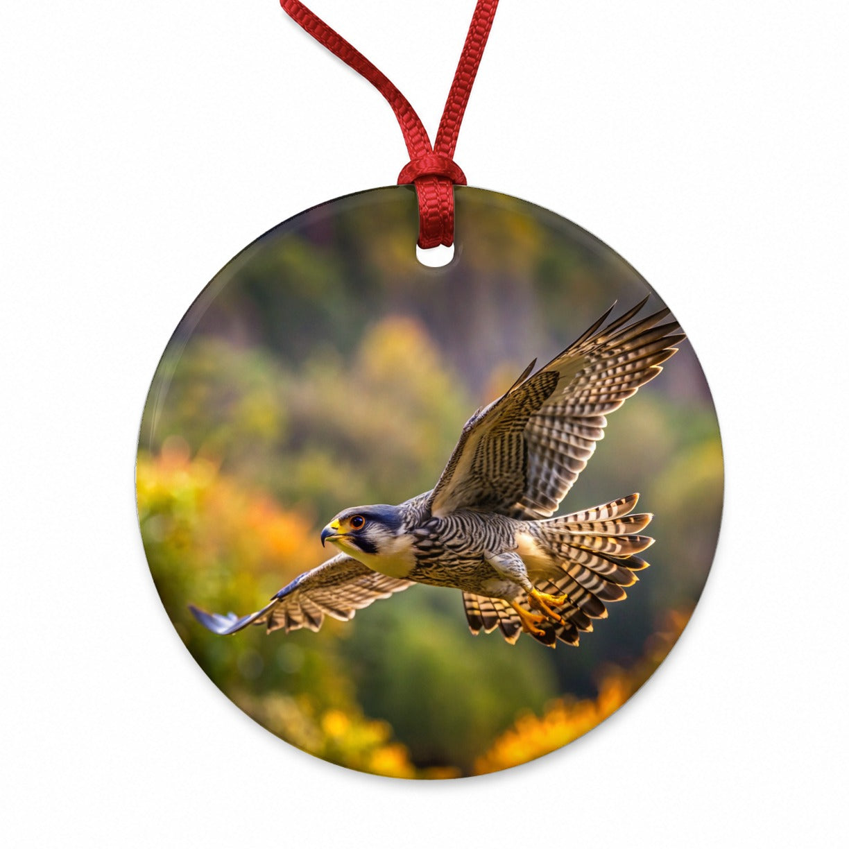 Falcon Raptor in Flight Round Ceramic Holiday Christmas Tree Ornament