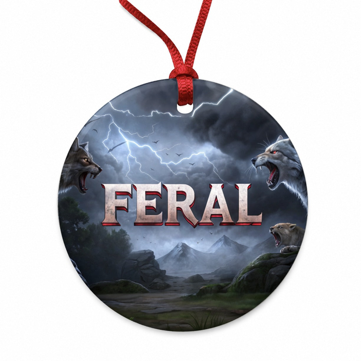 Feral Vicious Wolves Funny Round Ceramic Holiday Christmas Tree Ornament
