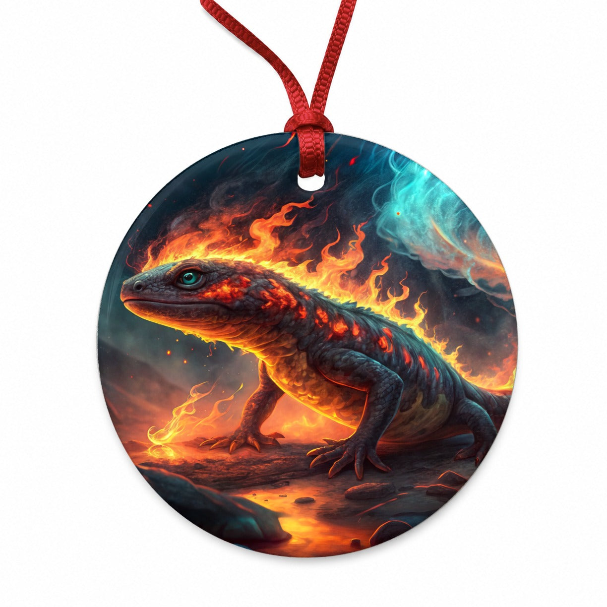 Flaming Fantasy Salamander at Night Round Ceramic Holiday Christmas Tree Ornament