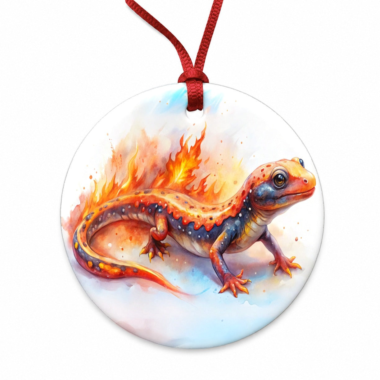 Flaming Fantasy Salamander Watercolor Round Ceramic Holiday Christmas Tree Ornament