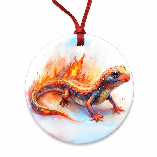Flaming Fantasy Salamander Watercolor Round Ceramic Holiday Christmas Tree Ornament