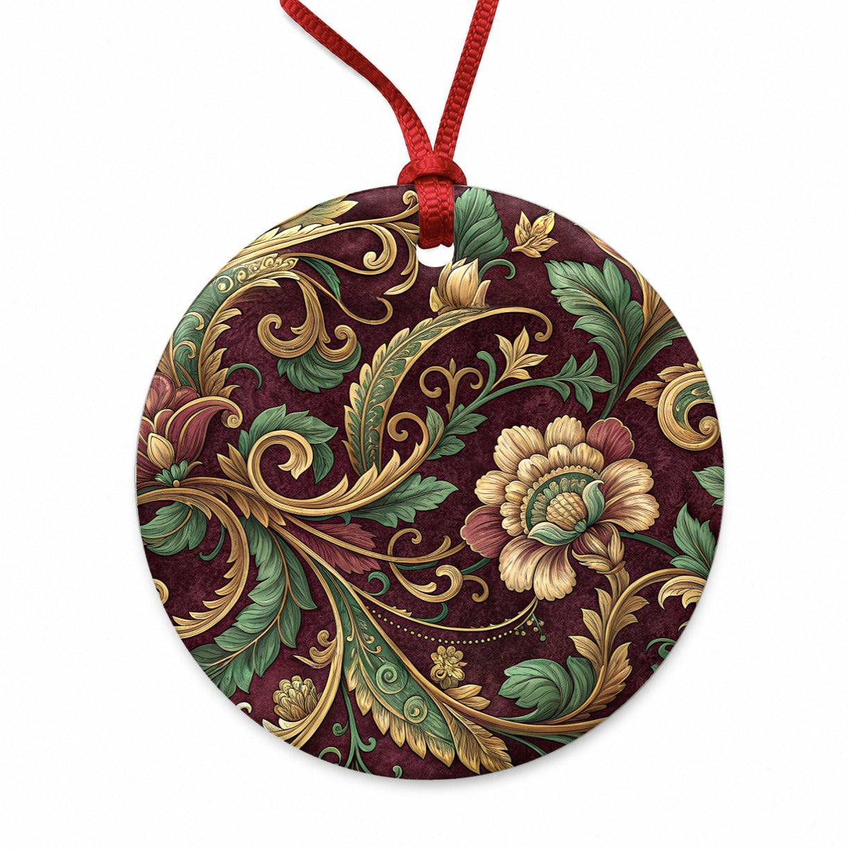 Floral Victorian Decorative Pattern Round Ceramic Holiday Christmas Tree Ornament