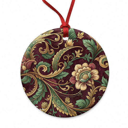 Floral Victorian Decorative Pattern Round Ceramic Holiday Christmas Tree Ornament