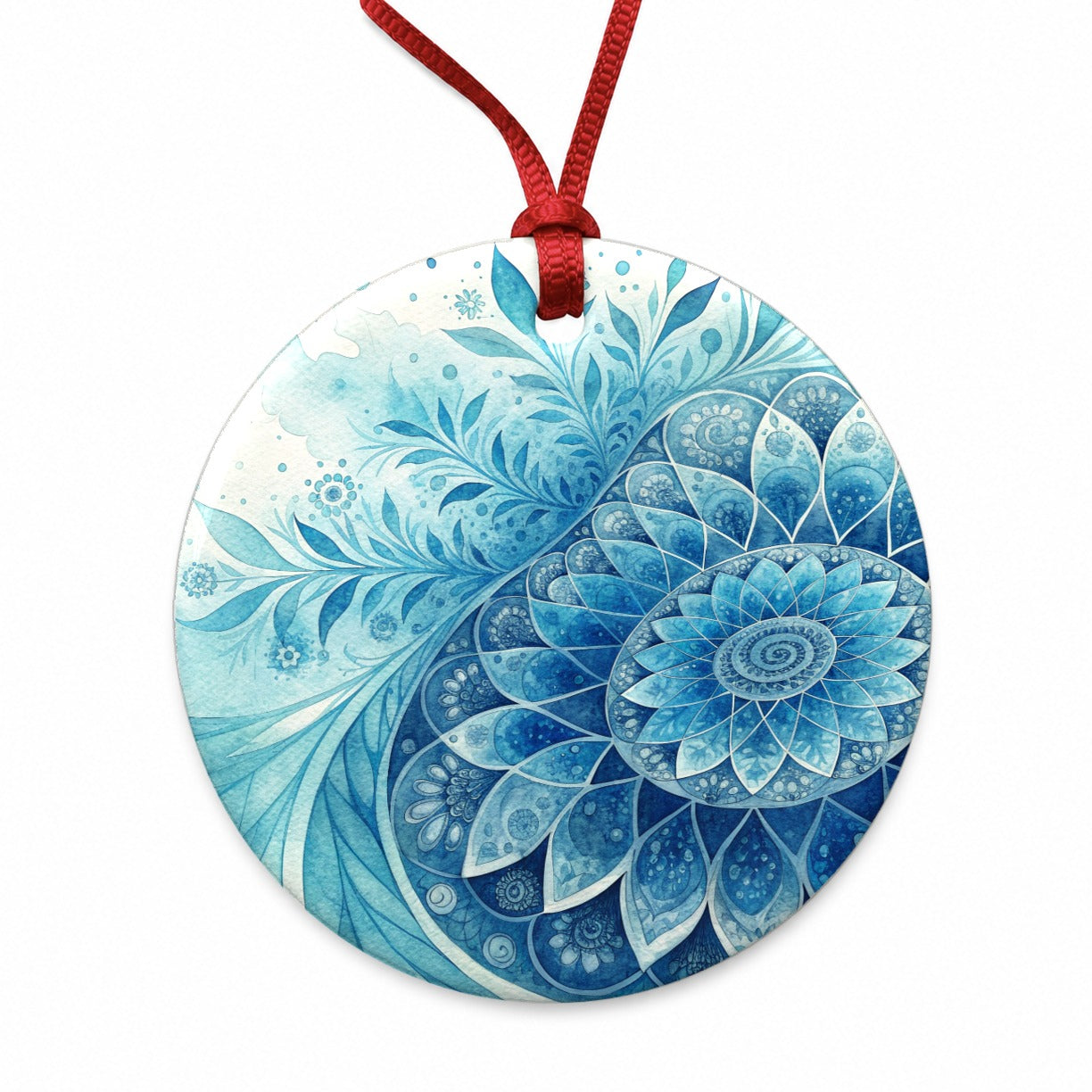 Fractal Art Blue Flower Pattern Watercolor Style Round Ceramic Holiday Christmas Tree Ornament