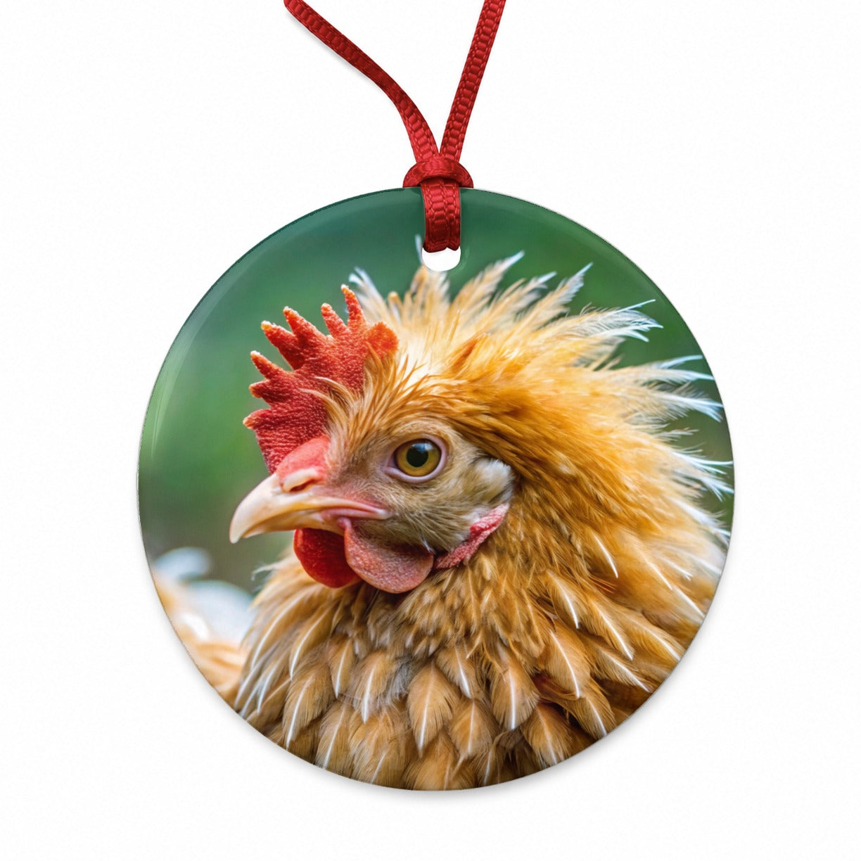 Frizzle Chicken Photo Round Ceramic Holiday Christmas Tree Ornament