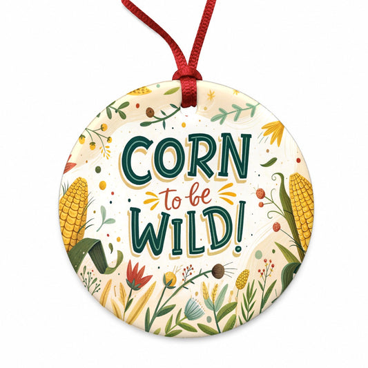 Funny Corn To Be Wild Round Ceramic Holiday Christmas Tree Ornament