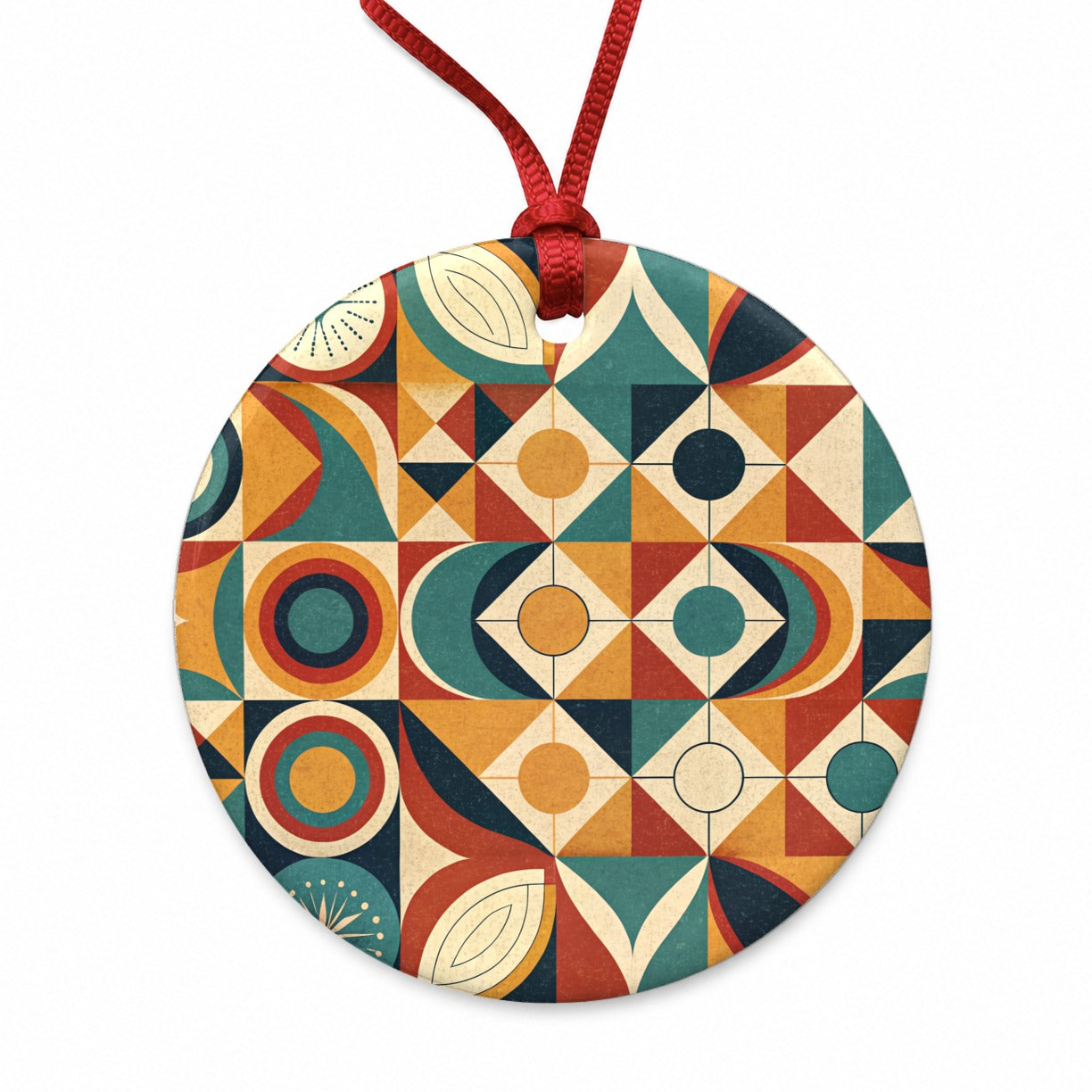 Geometric Retro Design Pattern Round Ceramic Holiday Christmas Tree Ornament
