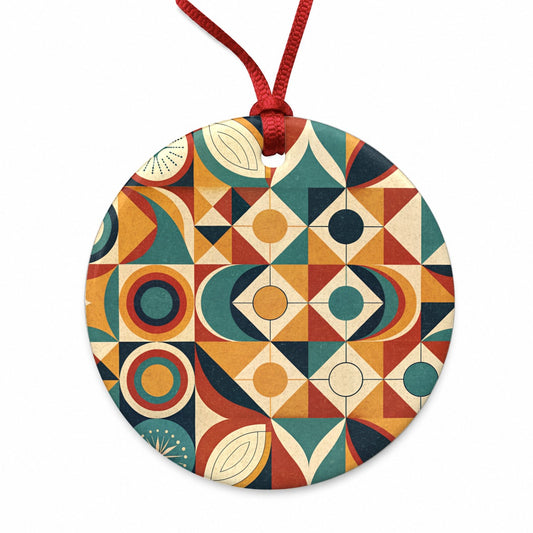 Geometric Retro Design Pattern Round Ceramic Holiday Christmas Tree Ornament