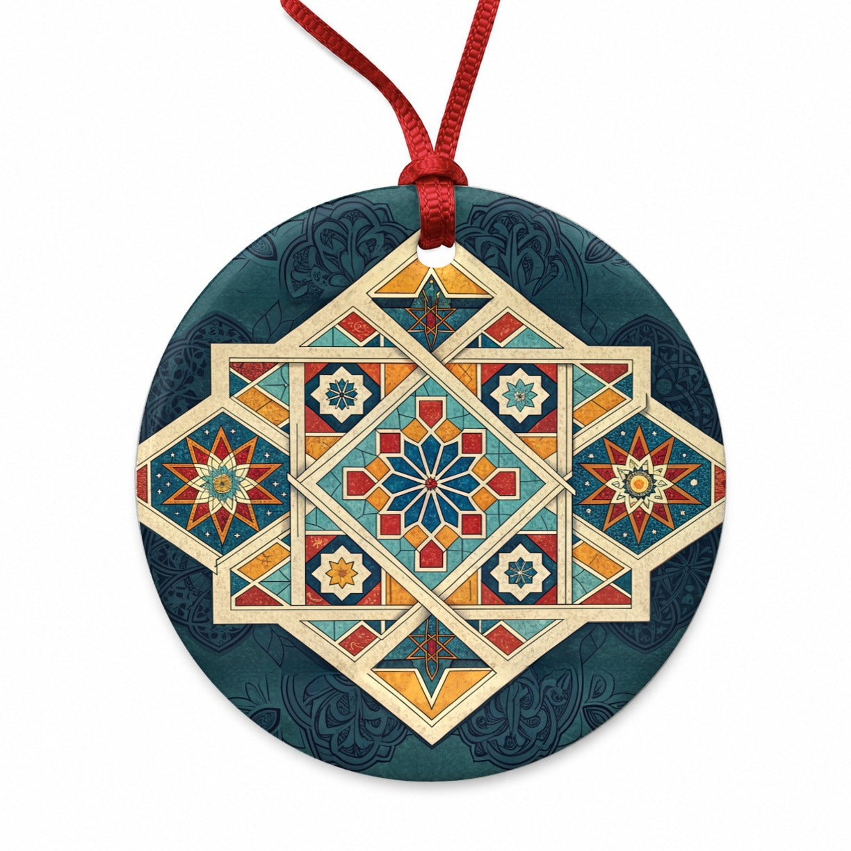 Geometric Retro Vintage Pattern Round Ceramic Holiday Christmas Tree Ornament