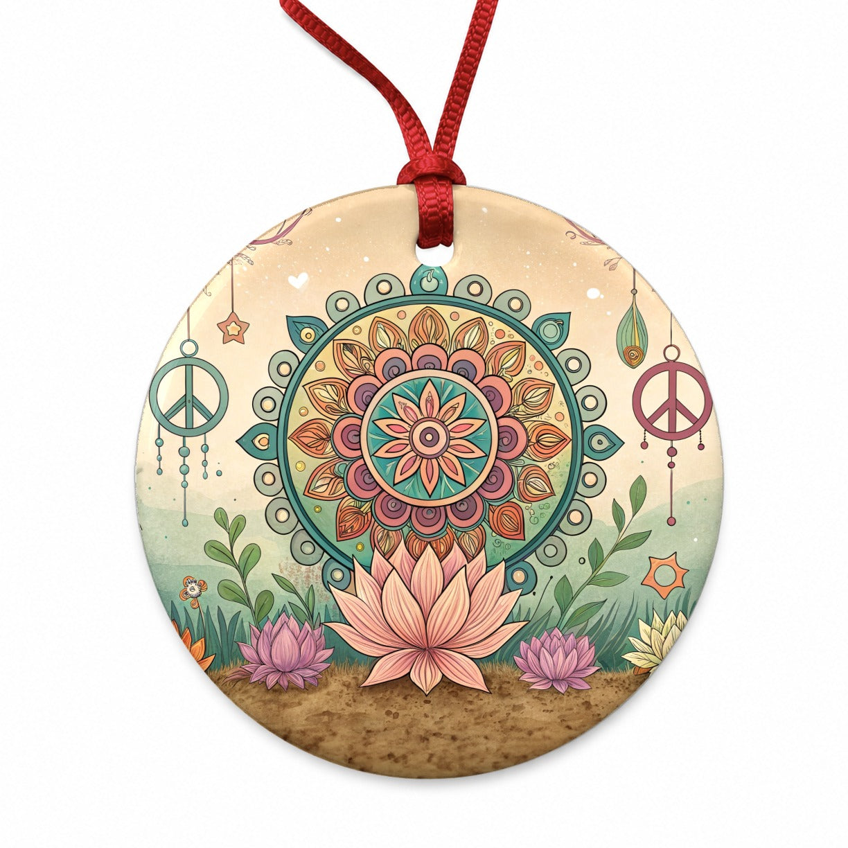 Hippie Yoga Peace Mandala Flower Round Ceramic Holiday Christmas Tree Ornament