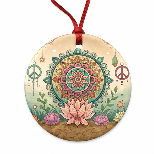 Hippie Yoga Peace Mandala Flower Round Ceramic Holiday Christmas Tree Ornament