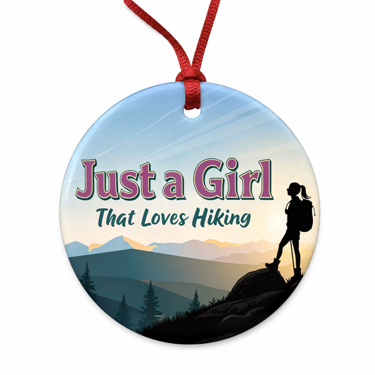 Just A Girl That Loves Hiking Funny Round Ceramic Holiday Christmas Tree Ornament