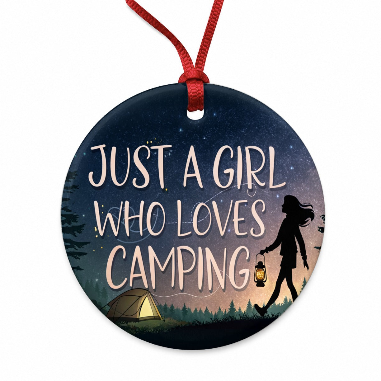 Just A Girl Who Loves Camping Funny Round Ceramic Holiday Christmas Tree Ornament