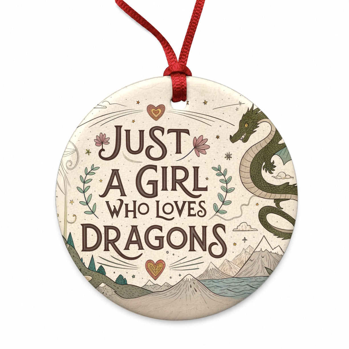 Just A Girl Who Loves Dragons Cute Fantasy Round Ceramic Holiday Christmas Tree Ornament