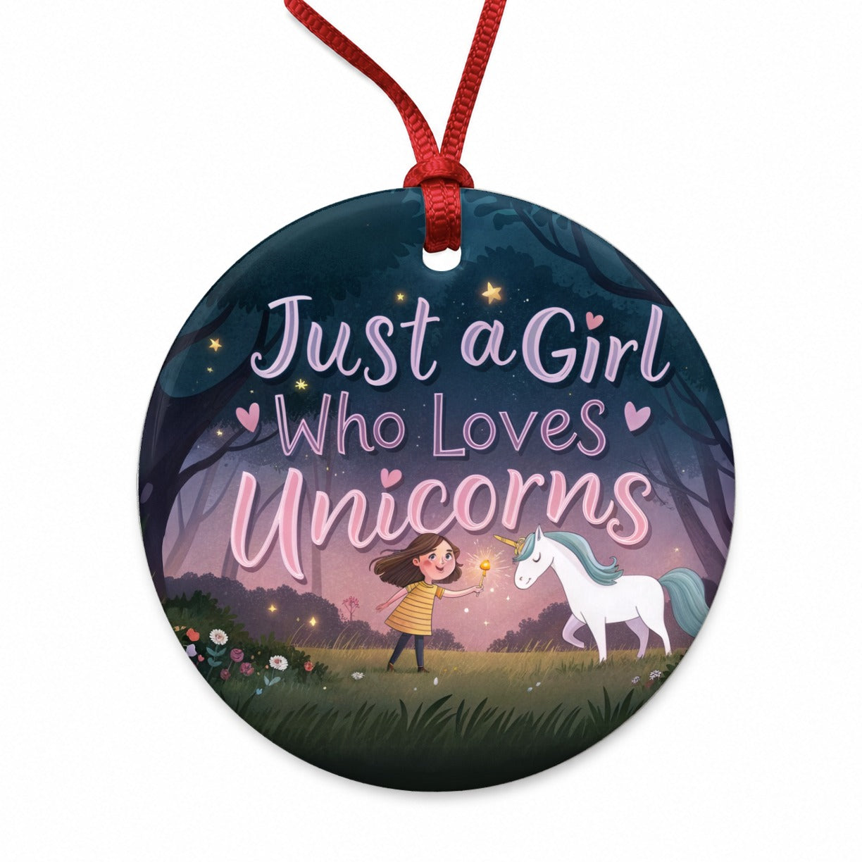 Just A Girl Who Loves Unicorns Cute Fantasy Round Ceramic Holiday Christmas Tree Ornament