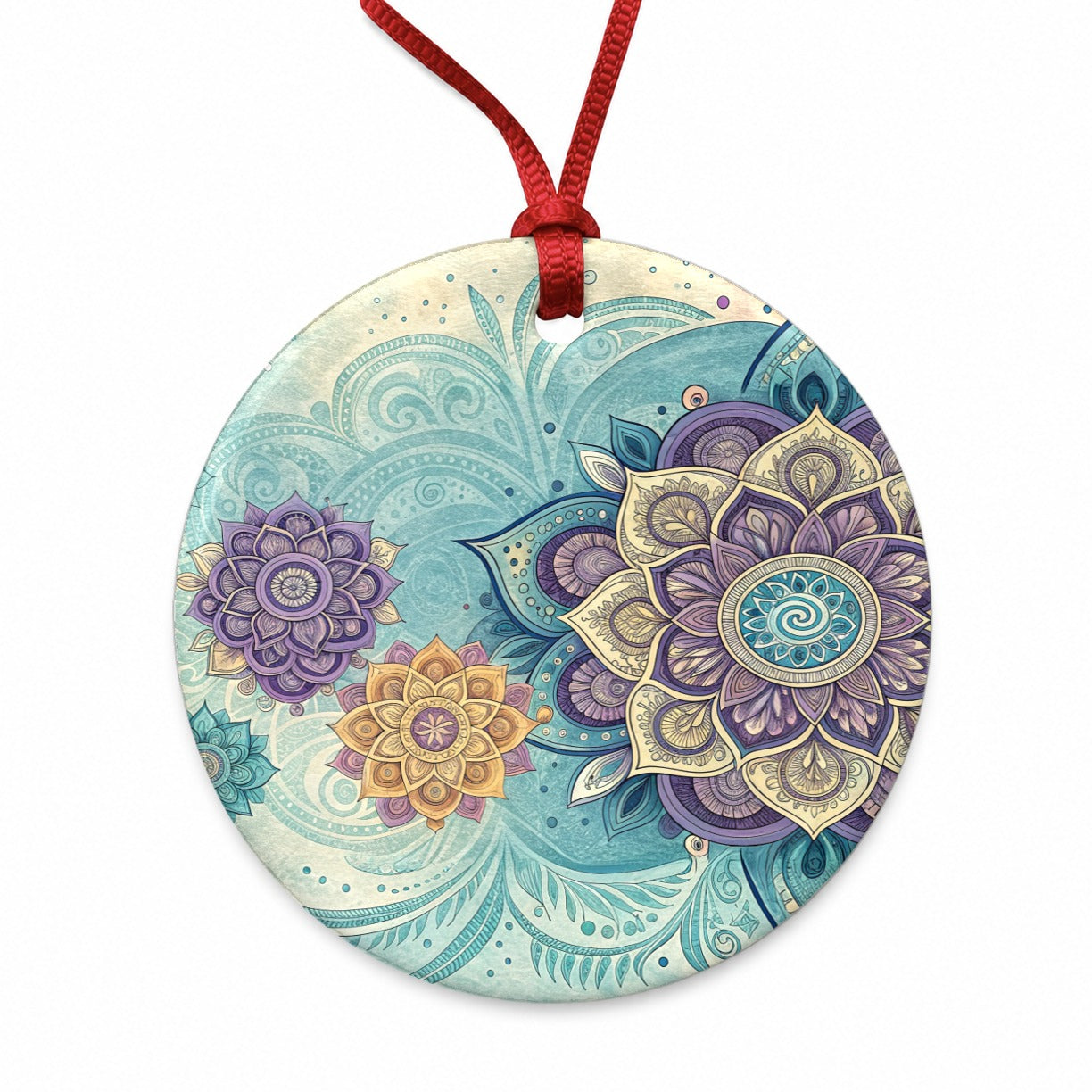 Mandalas Blue Purple Floral Pattern Round Ceramic Holiday Christmas Tree Ornament