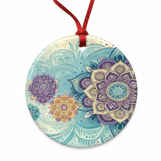 Mandalas Blue Purple Floral Pattern Round Ceramic Holiday Christmas Tree Ornament