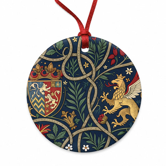 Medieval Ornamentation Griffin Shield Pattern Round Ceramic Holiday Christmas Tree Ornament