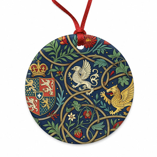 Medieval Ornamentation Griffins Shield Round Ceramic Holiday Christmas Tree Ornament