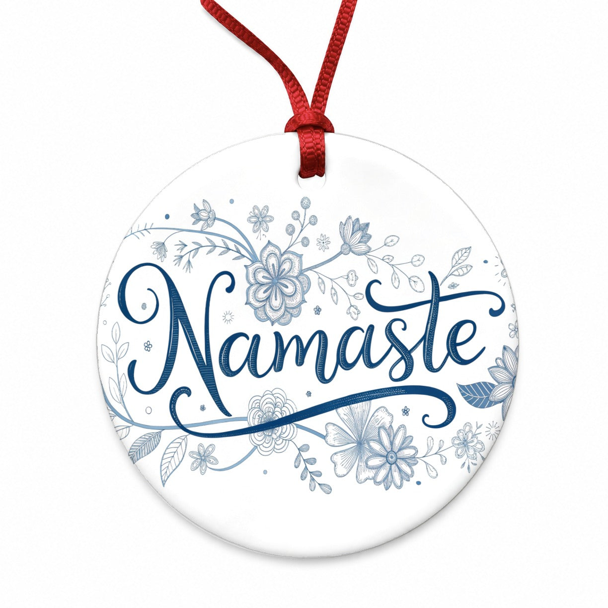 Namaste Blue Floral Round Ceramic Holiday Christmas Tree Ornament